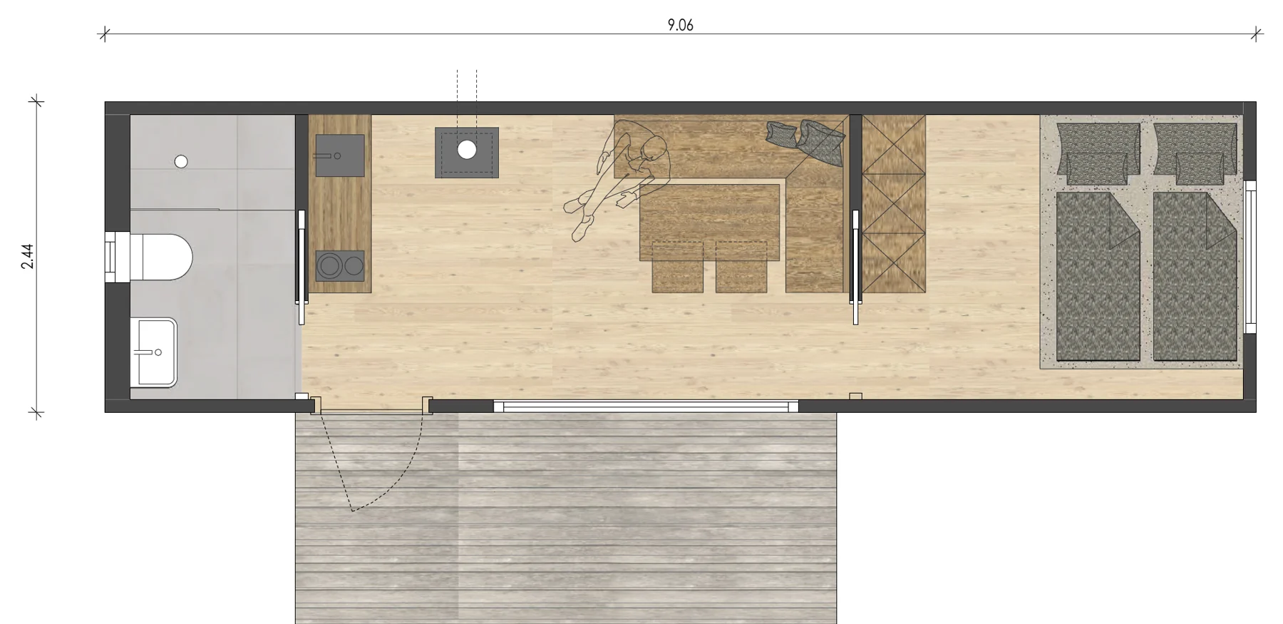 Grundriss Campingcontainer Lounge · 30' · 2,44 × 9,06 m · ~22 m²