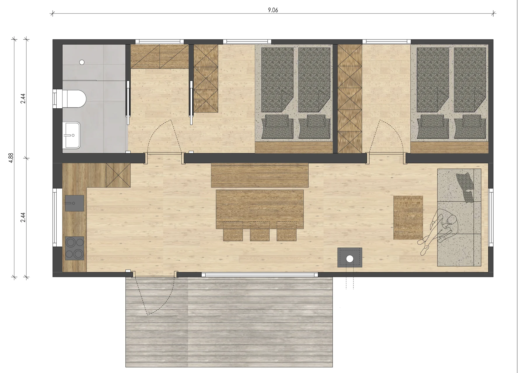 Grundriss Jagdcontainer Groß · 2 × 30' · 4,88 × 9,06 m · ~44 m²