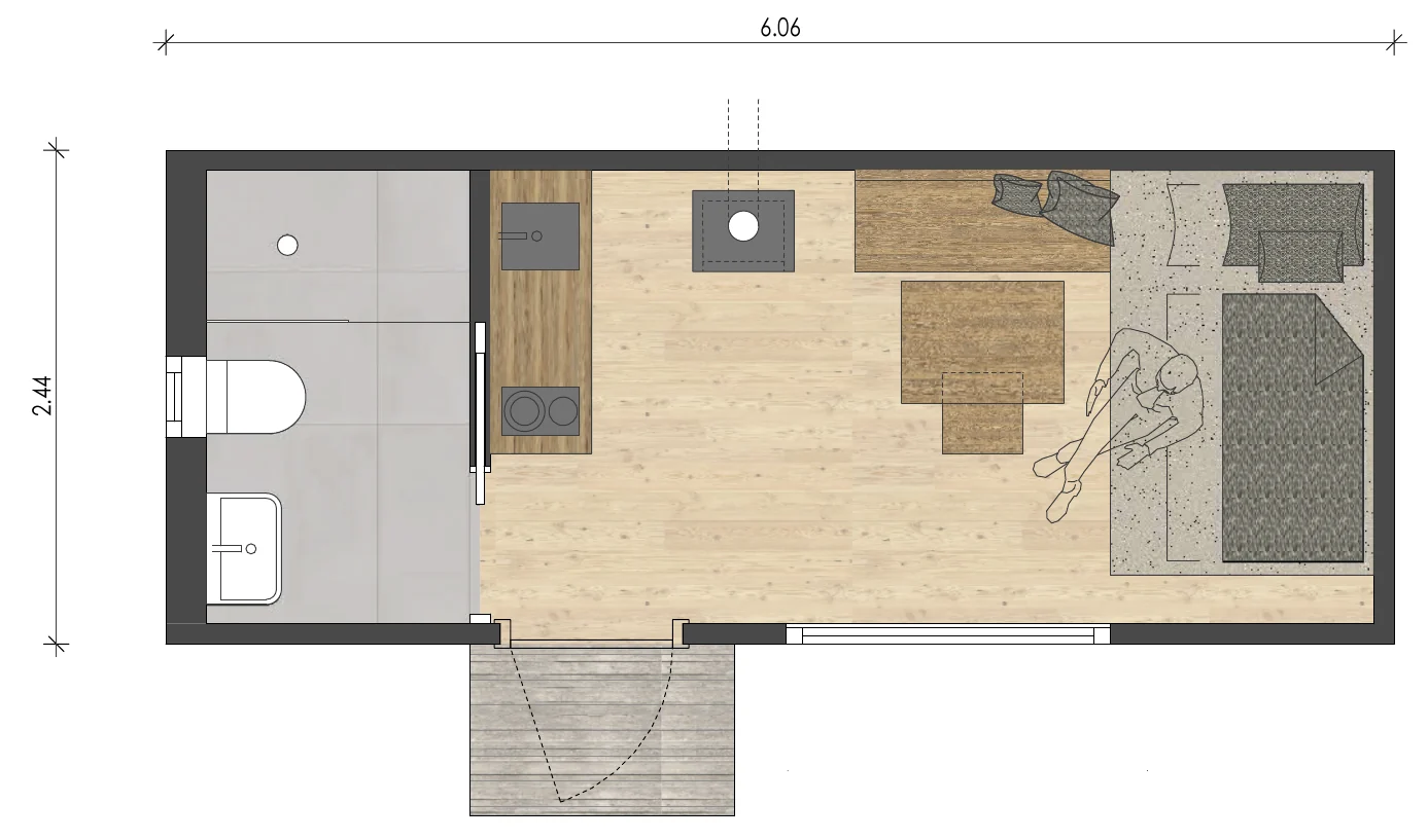 Grundriss Jagdcontainer Klein · 20' · 2,44 × 6,06 m · ~15 m²